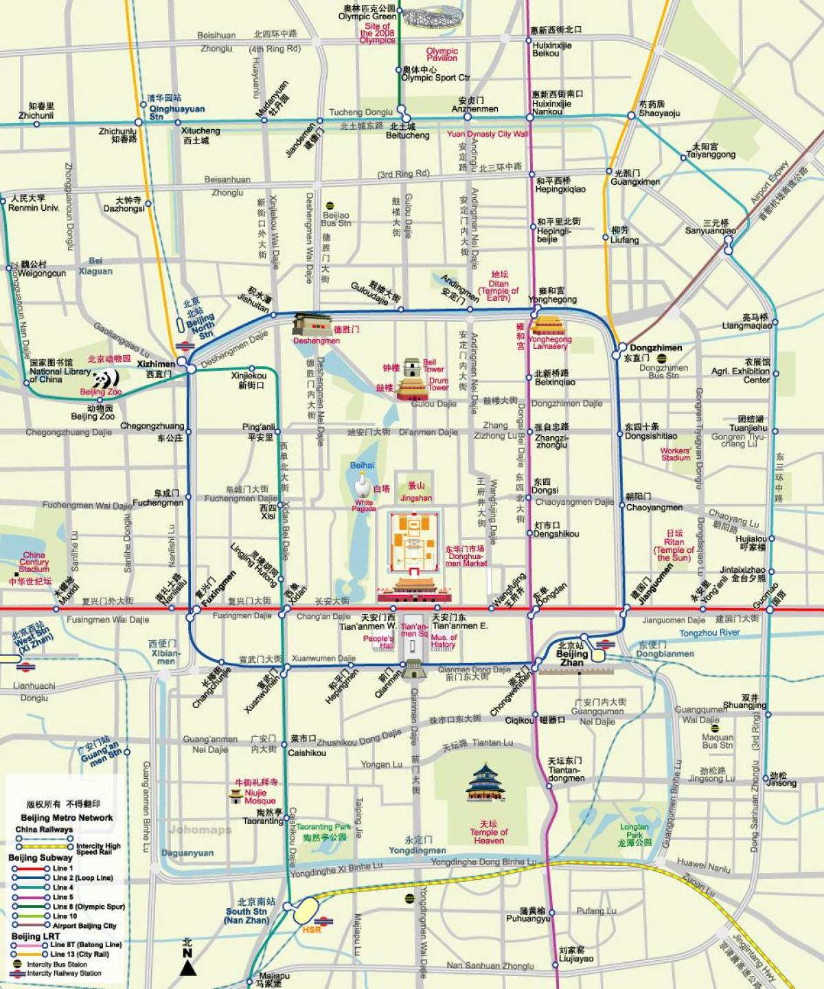kort over Beijing subway kort med turist-attraktioner